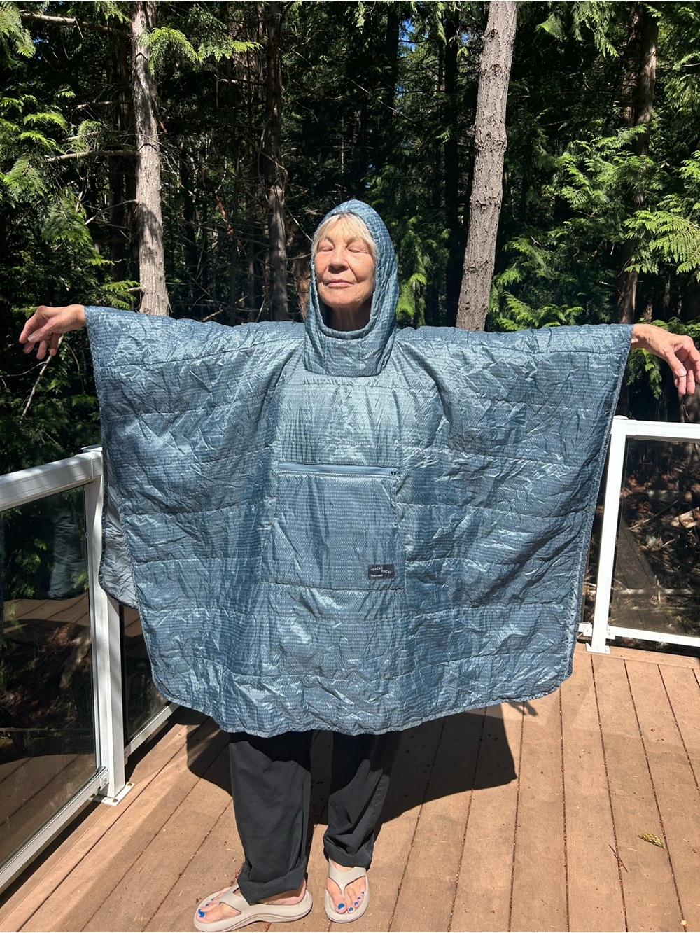 Quilted Hooded Poncho Cape in Light Blue - Women's